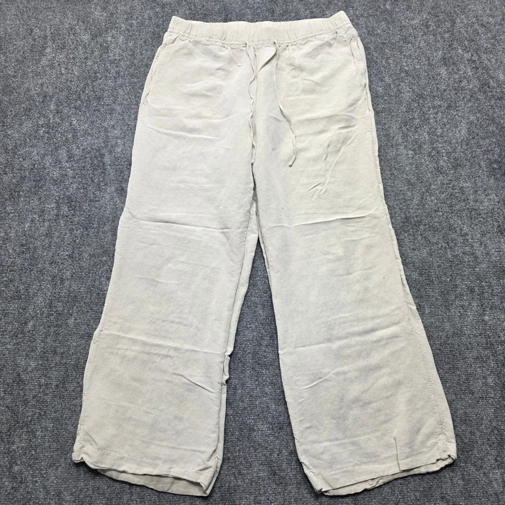 HM Linen Blend Wide Leg Drawstring Pants Beige Oatmeal‎ Melange Large Women's